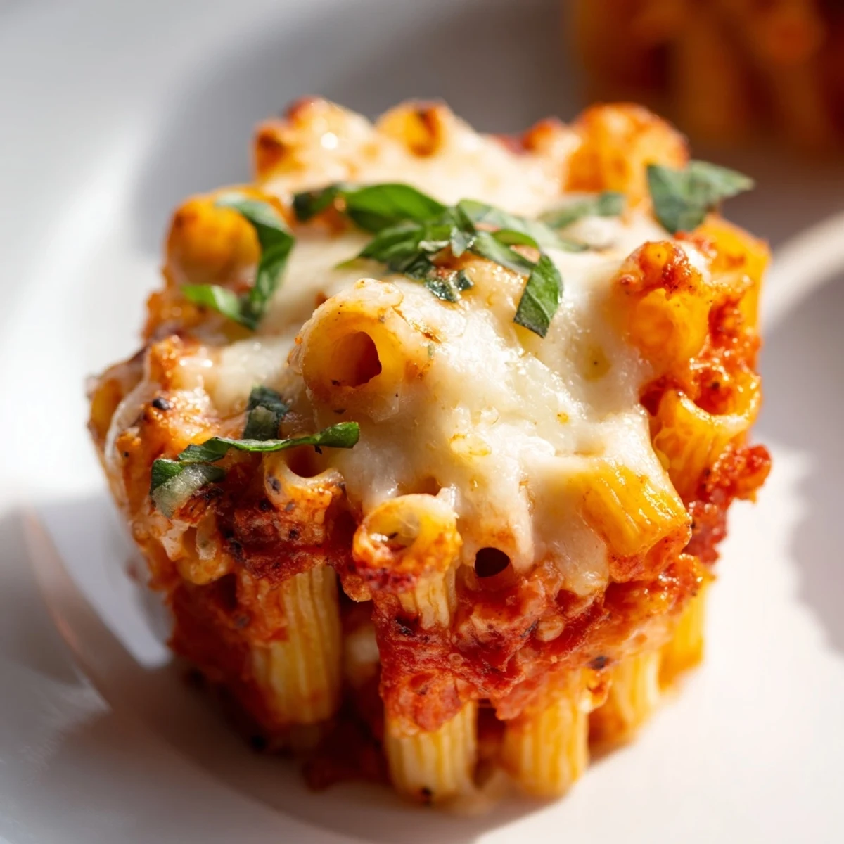 Warm baked ziti cups, bubbly cheese and savory tomato sauce, a perfect family meal.