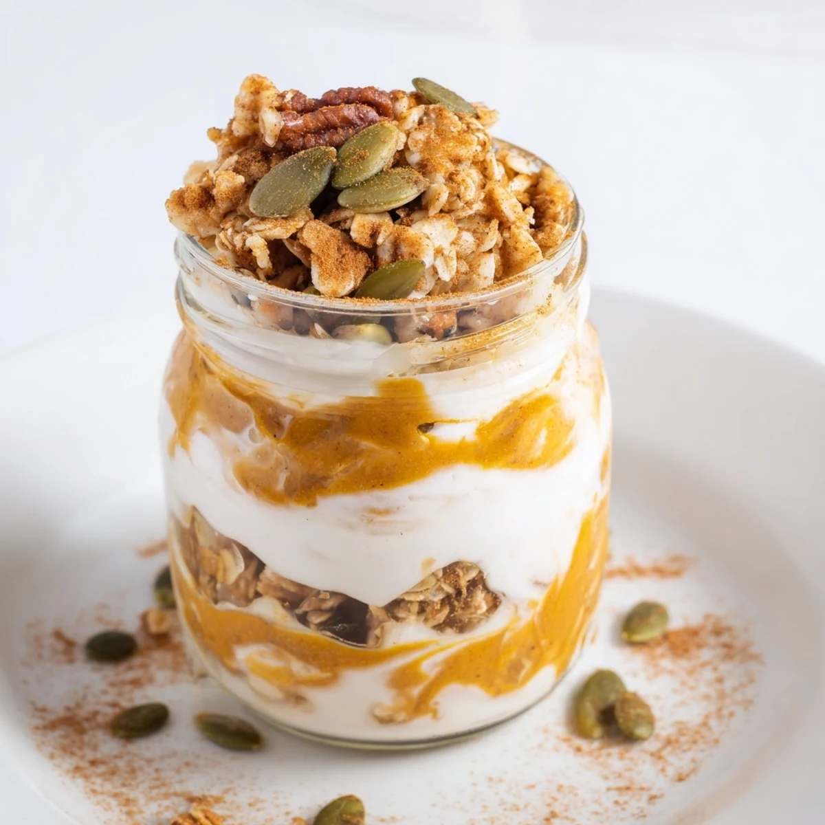 A visually appealing Pumpkin Yogurt Parfait, perfect for a healthy fall snack, layered in a clear jar.