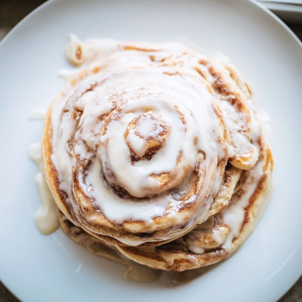 A stack of golden Cinnamon Roll Pancakes, perfectly swirled with cinnamon, waiting to be enjoyed.