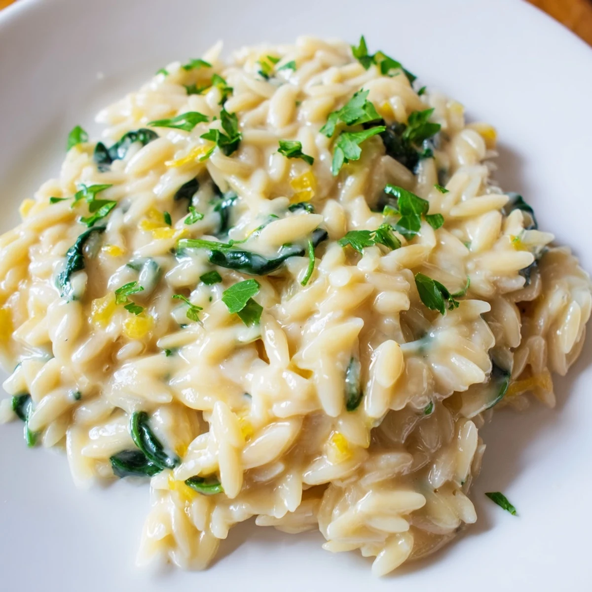 A steaming bowl of one-pot creamy orzo with fresh parsley, ready to enjoy.