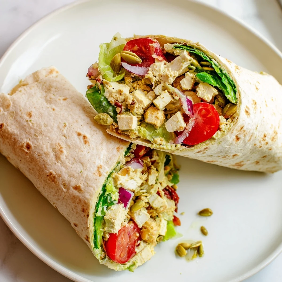 High-Protein Chicken-less Caesar wrap, showing the wrapped meal ready to be enjoyed.