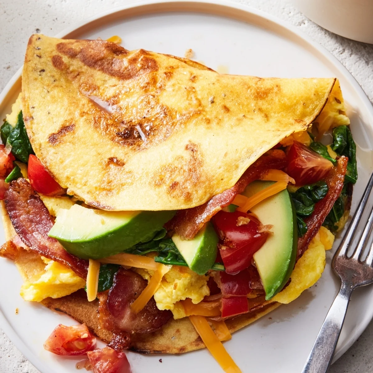 Golden, crispy edges showcase the delicious filling of this fresh, handmade Crispy Breakfast Wrap.