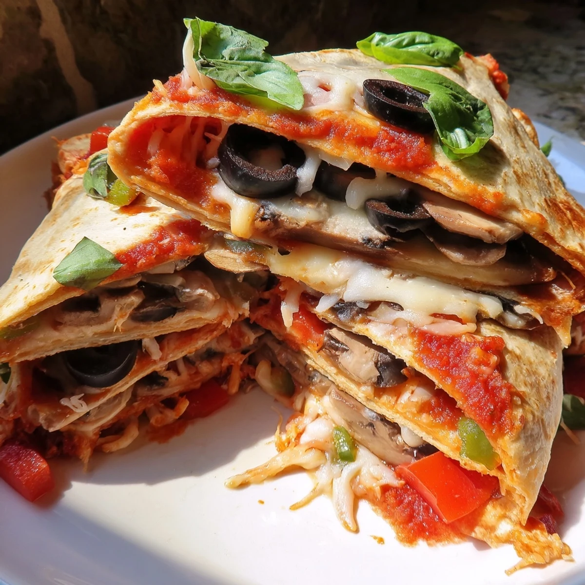 Enjoy a handheld tortilla pizza wrap: warm, cheesy, and packed with your favorite toppings.