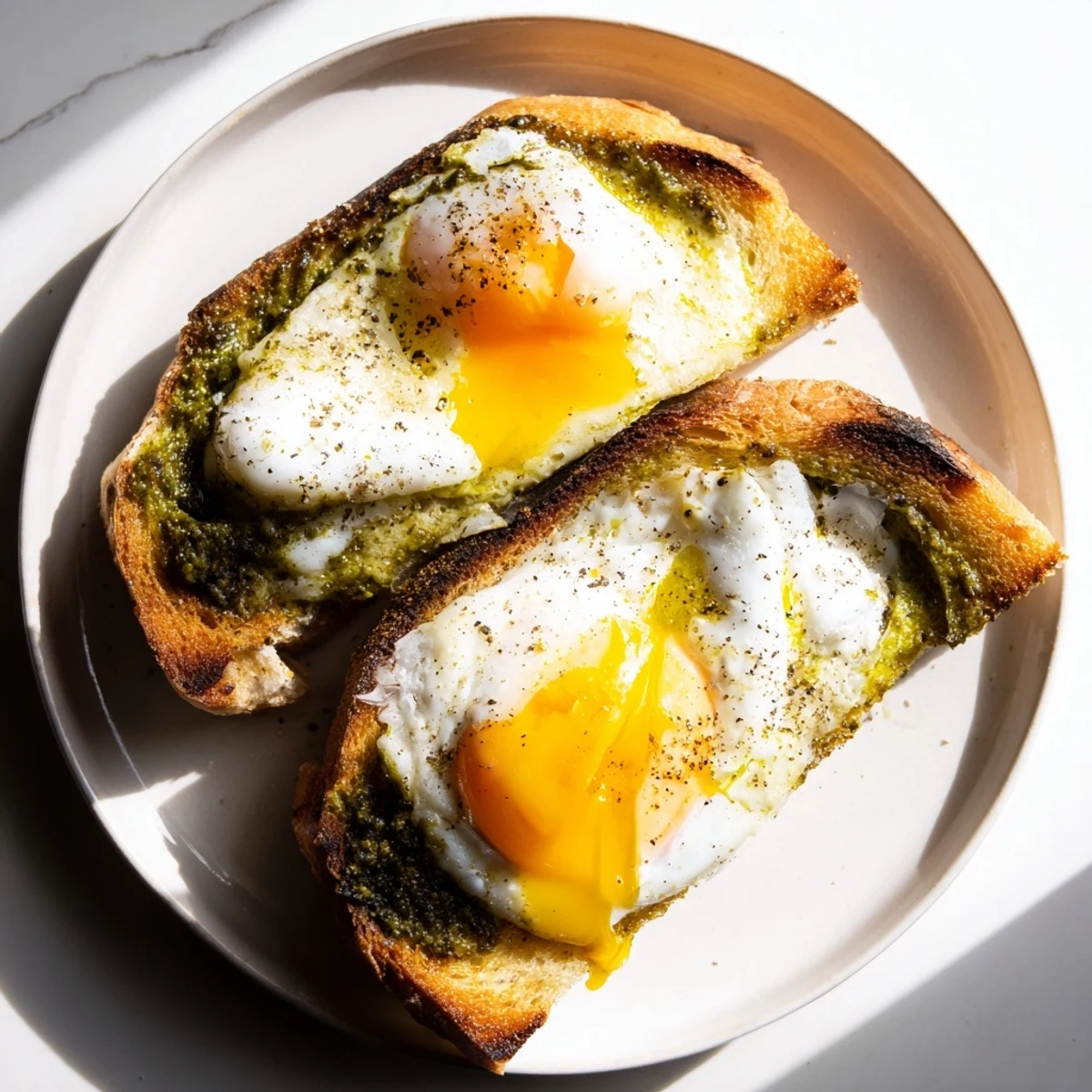 Golden, gooey pesto egg grilled cheese with melted cheese and toasted, buttered sourdough bread.