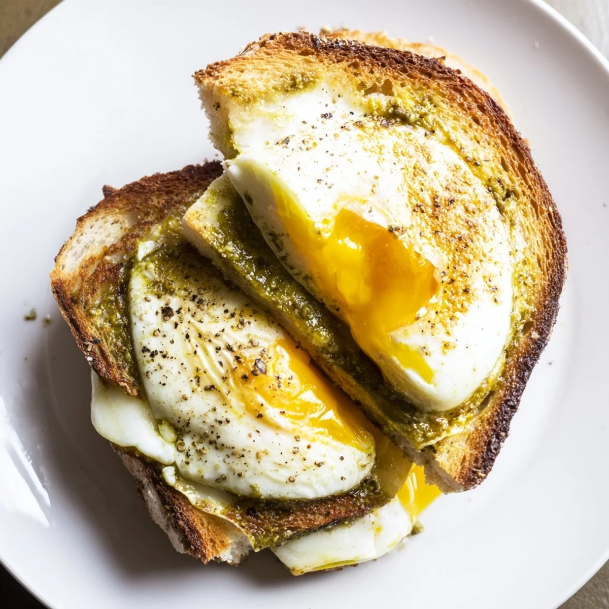 Mouthwatering pesto egg grilled cheese, with a runny egg yolk and a delicious, comforting cheese pull.