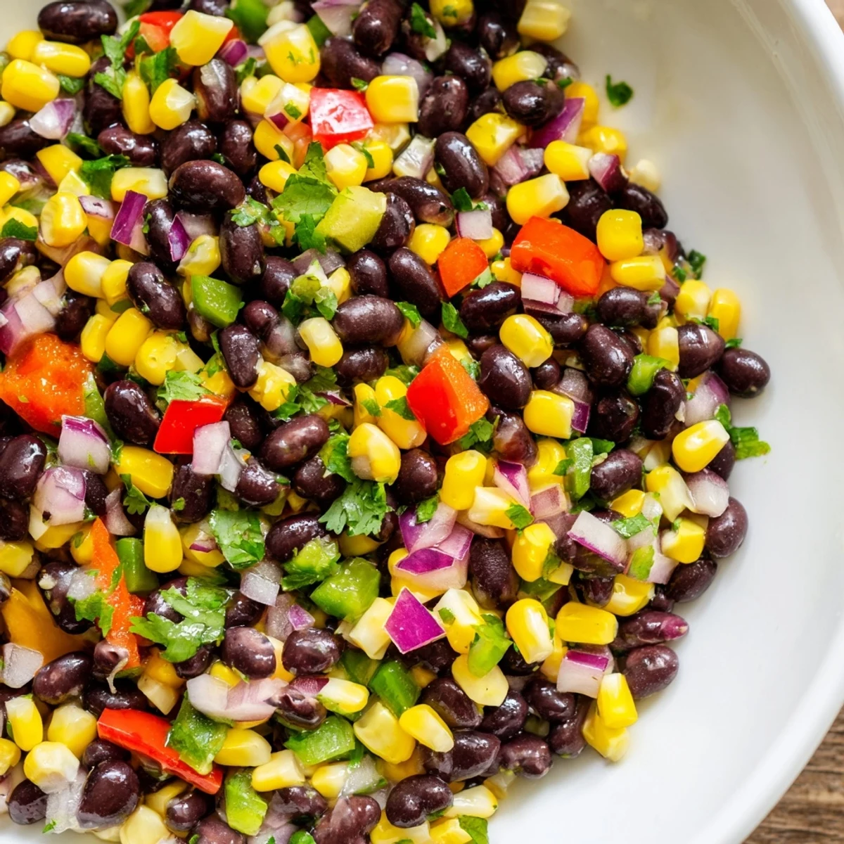 Vibrant Cowboy Caviar Salad brimming with colorful peppers, corn and a tangy lime dressing.