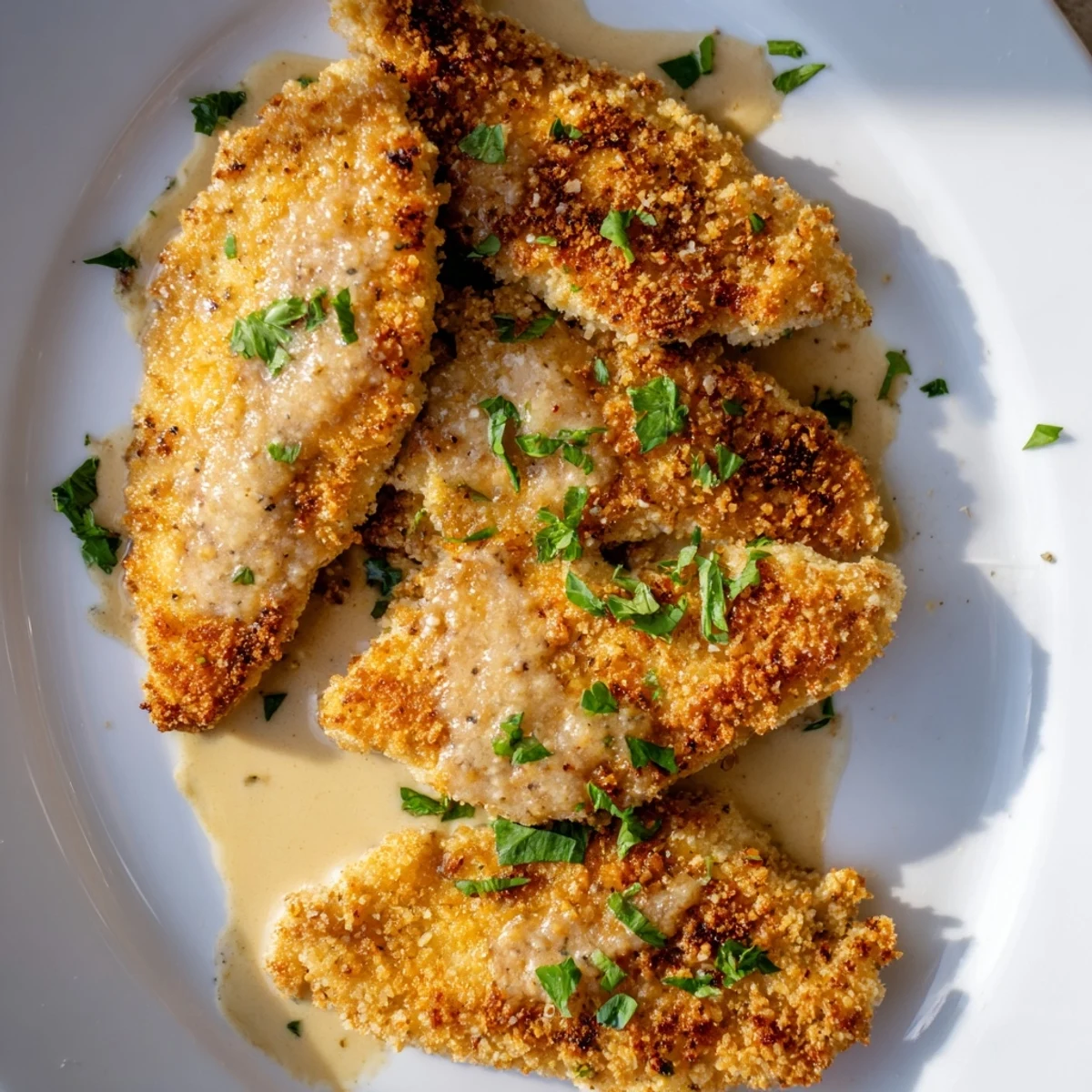 Golden-brown crispy chicken with garlic cream sauce, a creamy, savory skillet meal.