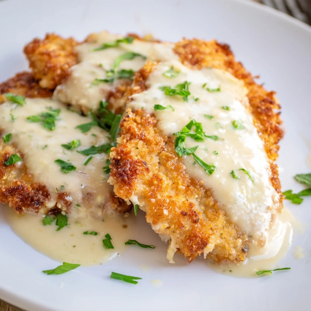 Delicious crispy chicken with garlic cream sauce, served with the rich, bubbling, creamy sauce.