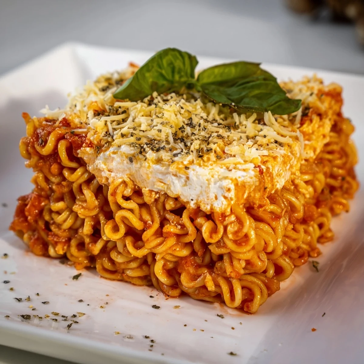 Ramen lasagna bubbling golden brown, topped with melted mozzarella and ready to serve.