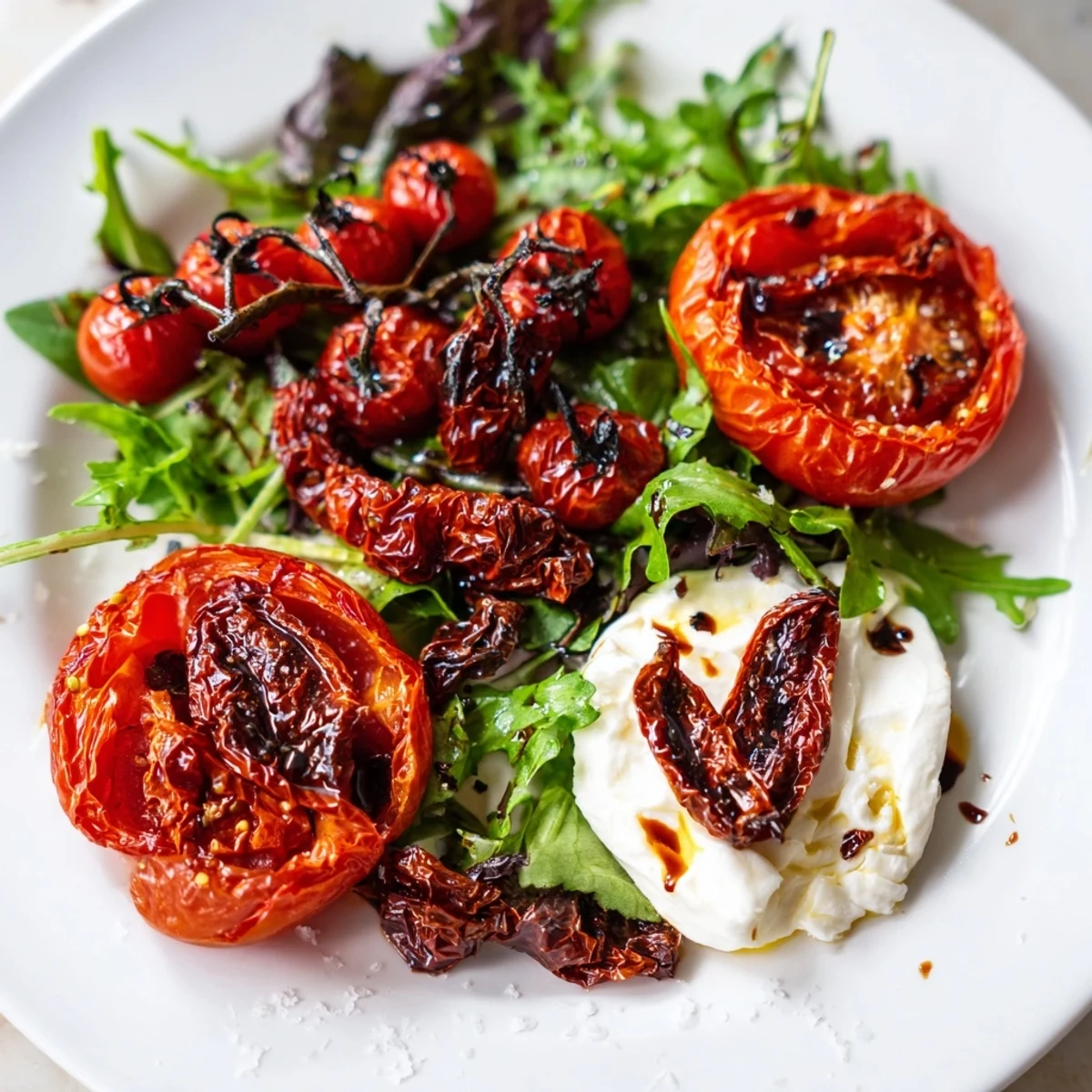 Imagine a stunning plate of Tomato Flight Salad: fresh, roasted, and sun-dried tomatoes with creamy cheese and herbs.