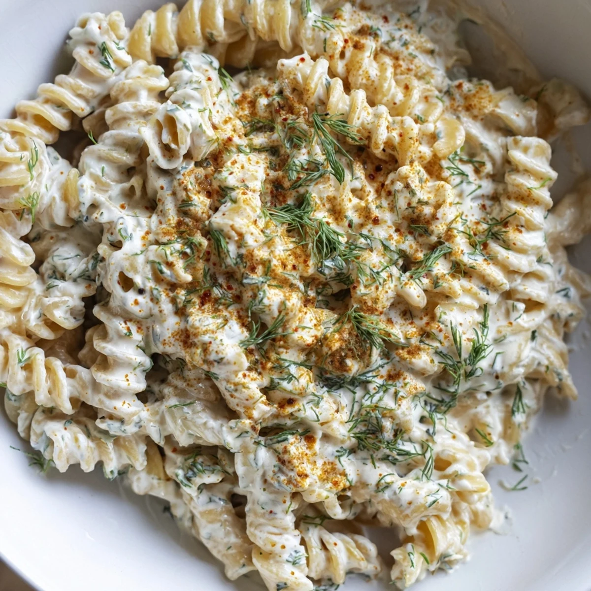 A beautiful bowl of Turkish Yogurt Pasta, with a vibrant red spiced butter drizzle and herbs.
