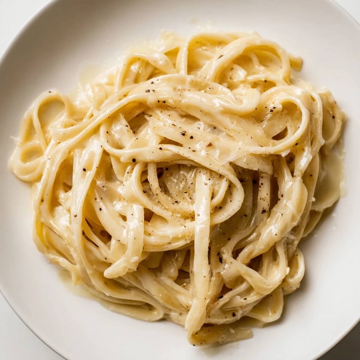 Creamy Lazy Girl Three-Ingredient Pasta; perfectly cooked pasta coated in a rich, buttery Parmesan sauce.