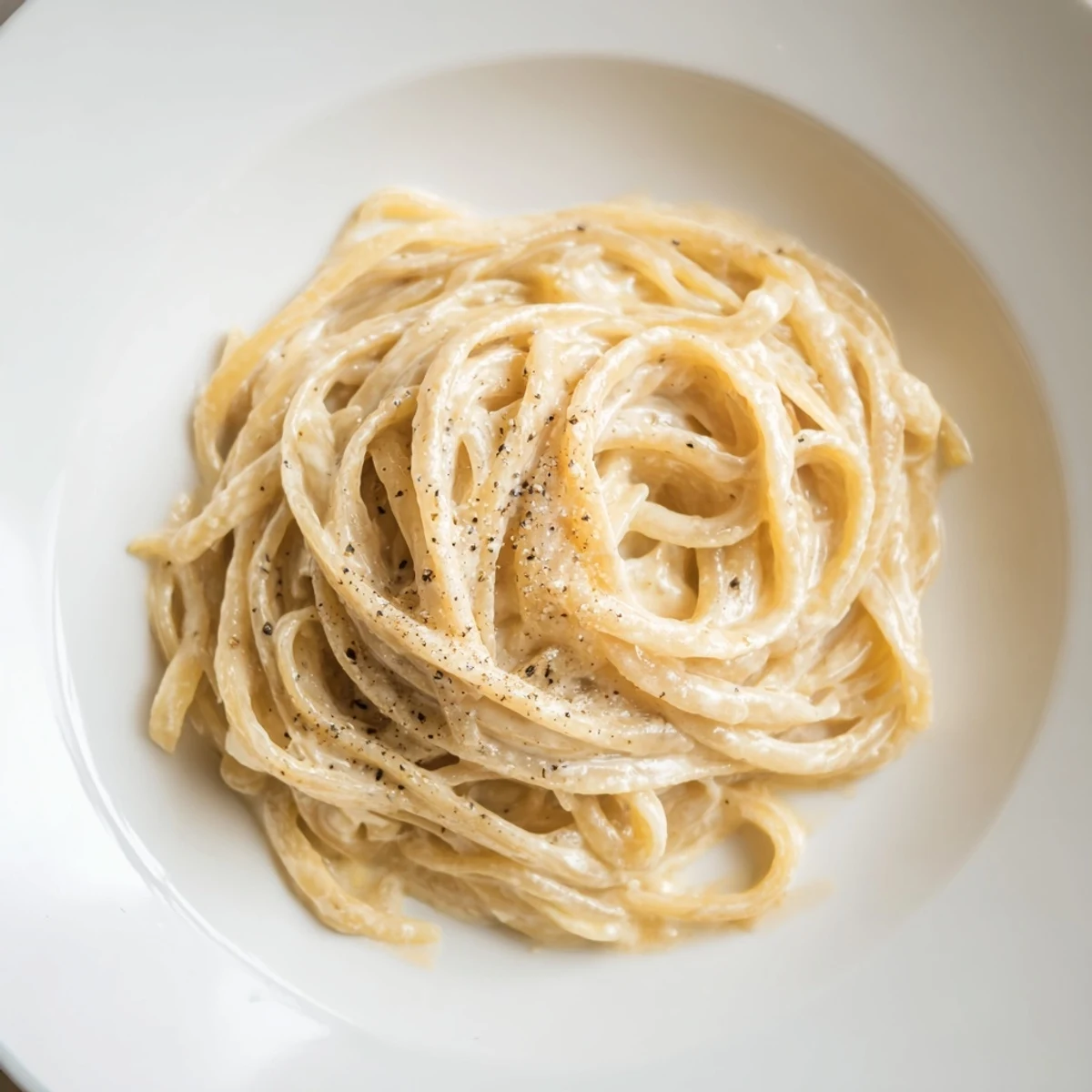 A bowl of delicious Lazy Girl Three-Ingredient Pasta, with freshly grated Parmesan sprinkled on top.