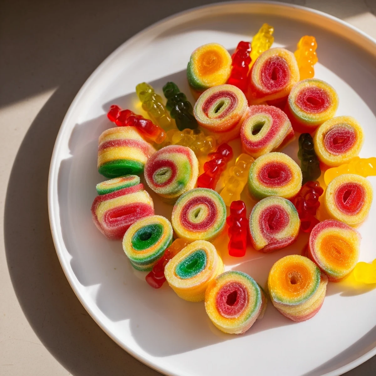 Rainbow candy roll ups: Colorful fruit roll-ups wrapped around fun gummy candies, ready to eat and sweet.