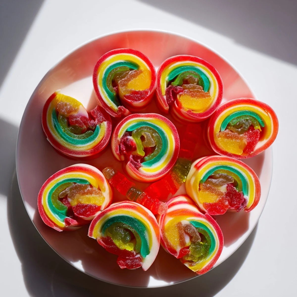 Sweet rainbow candy roll ups with a cheerful collection of fruit roll-ups and a variety of gummy candies.