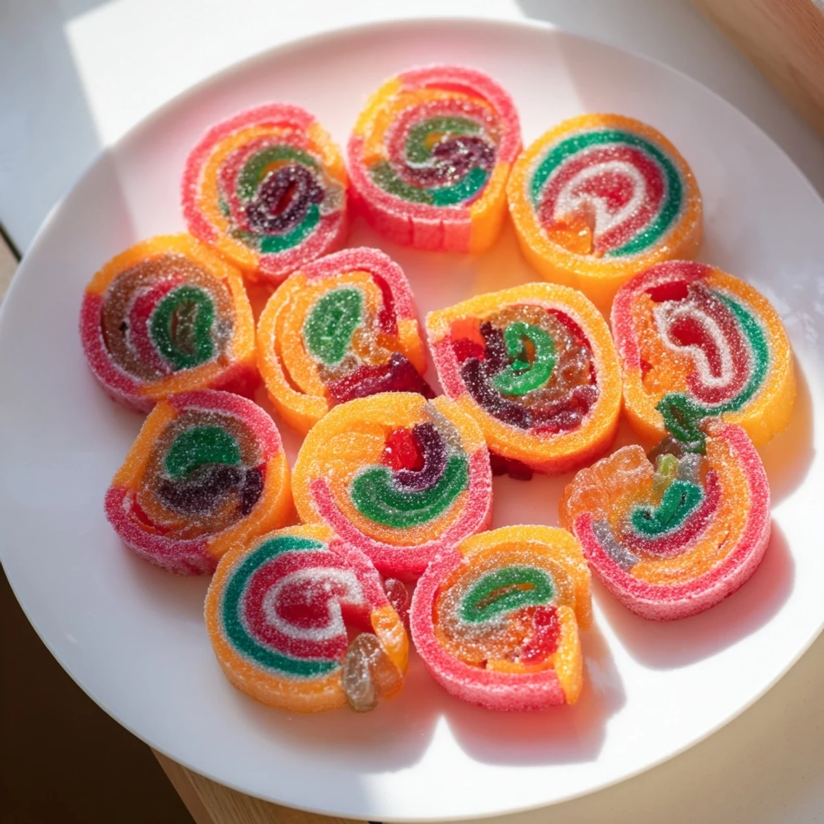 Bright and chewy rainbow candy roll ups, showing the vibrant gummy filling inside each pinwheel slice.