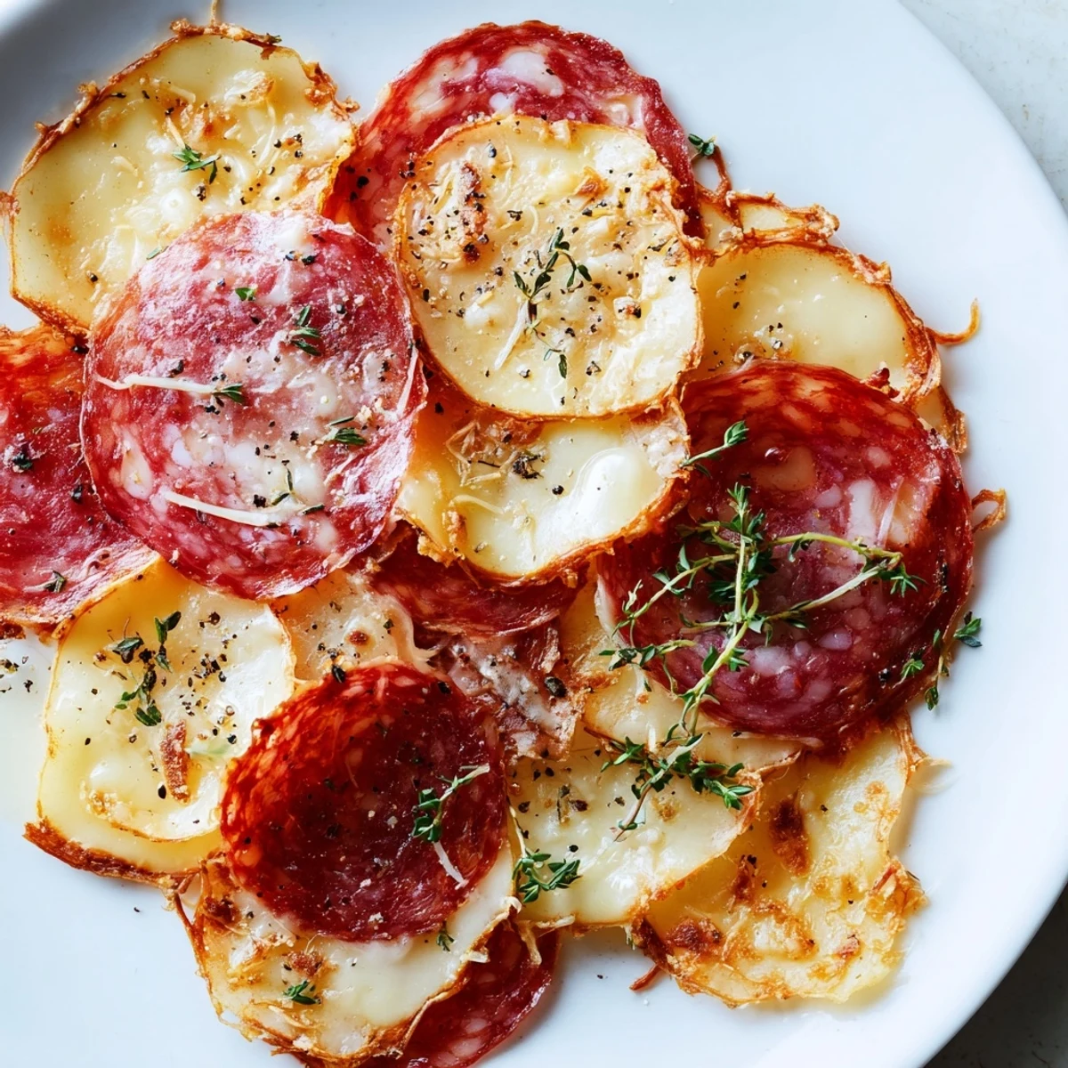 Crispy, golden-brown charcuterie chips: a delicious low-carb snack with various meats and cheeses.