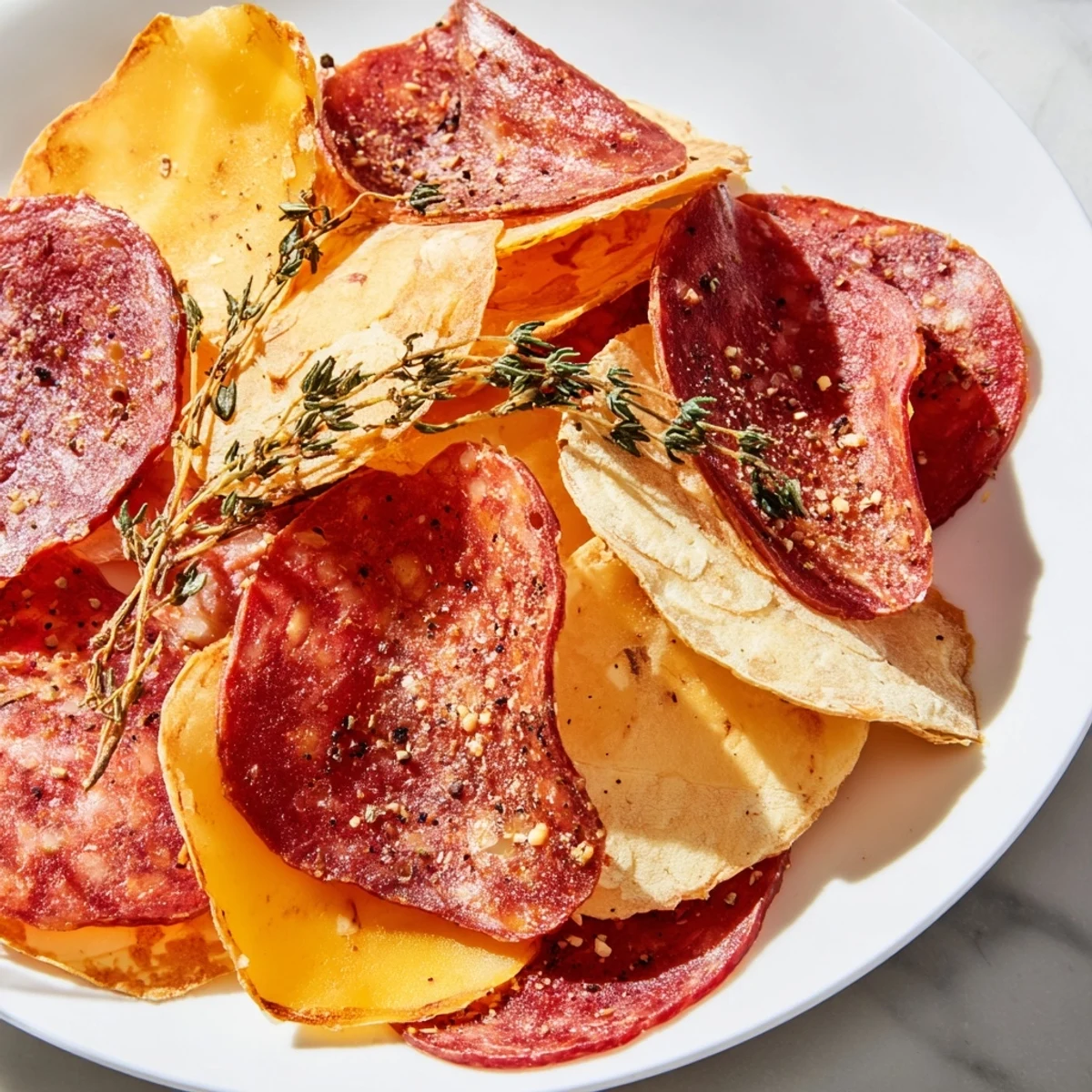 Mouthwatering image of charcuterie chips, perfect for entertaining: a savory, baked appetizer.