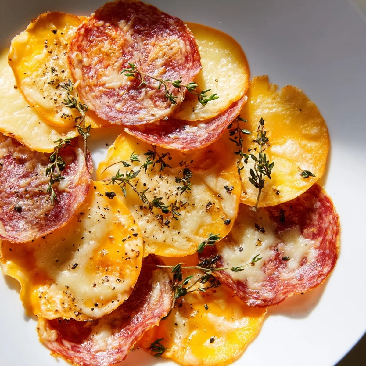 Close-up of baked charcuterie chips, with visible cheese bubbles; delicious party food.