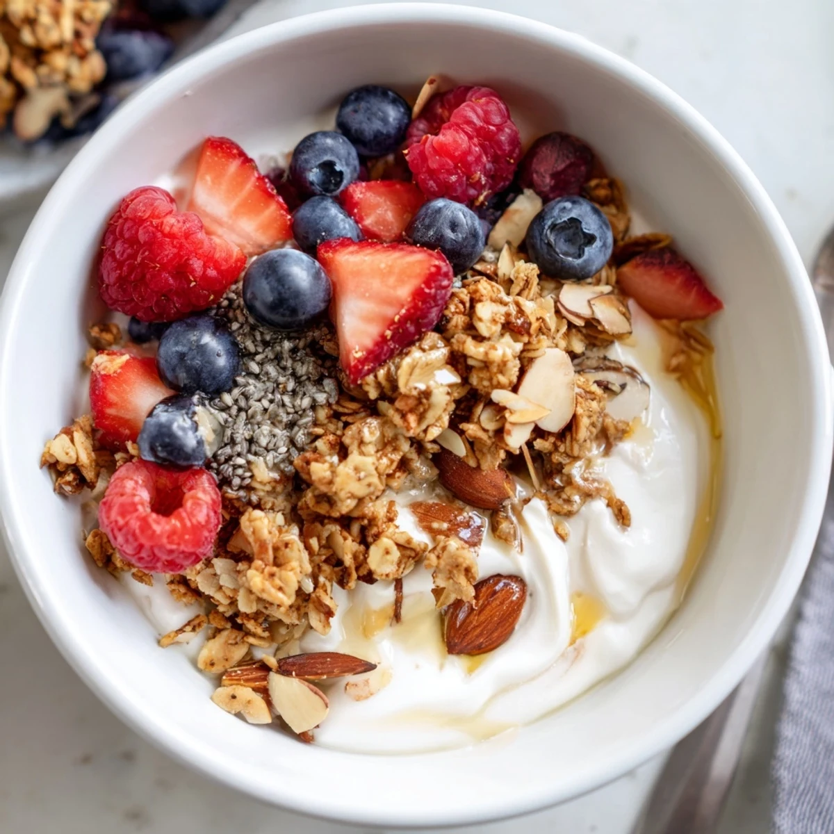Enjoy a delightful dry yogurt bowl, a vibrant mix of berries, crunchy granola, and healthy Greek yogurt.