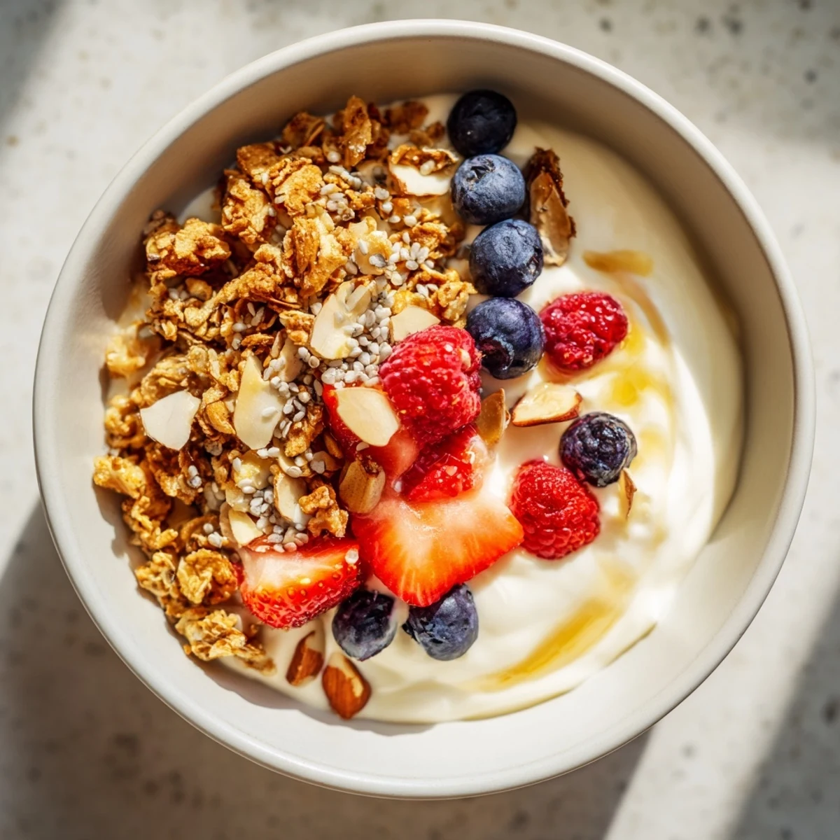Creamy dry yogurt bowl layered with granola, fresh berries, and a protein boost for a quick breakfast.