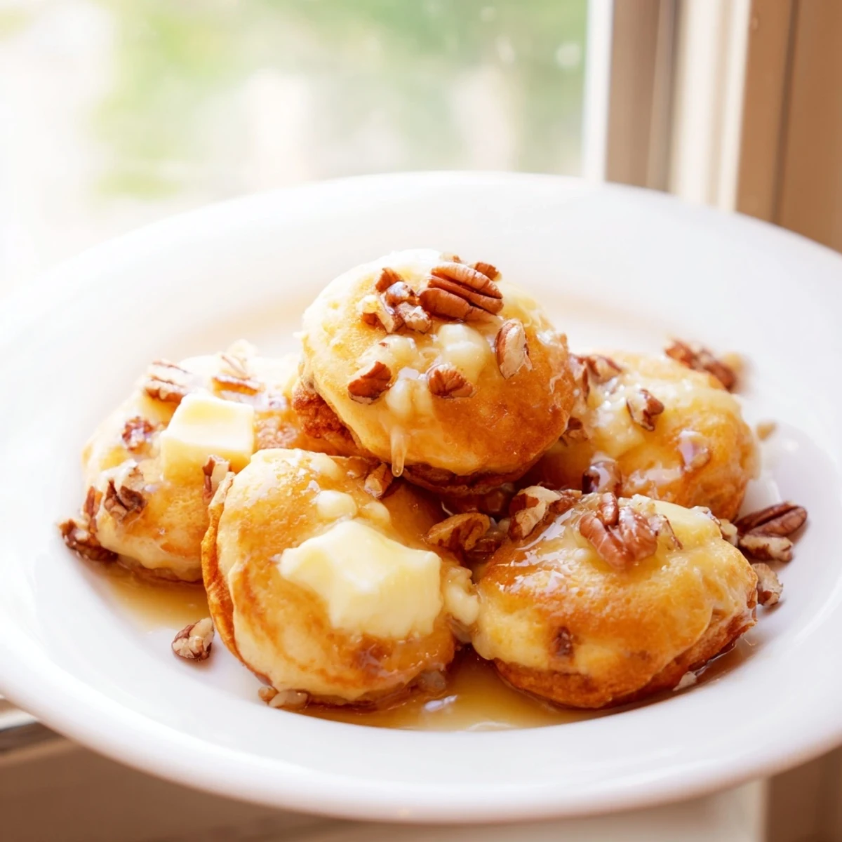 Sweet drizzle and nutty topping on freshly baked Pancake Brie Bites, a delightful appetizer.