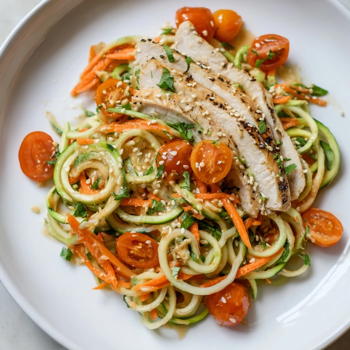 Grilled chicken and spiralized cucumber in a vibrant Protein Cucumber Salad, ready to eat.