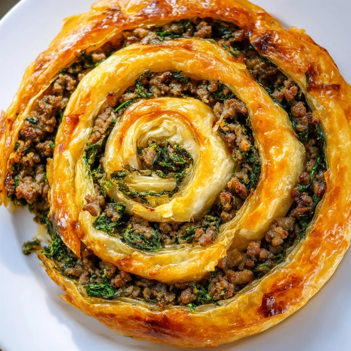 Golden, flaky Bosnian Burek pastry filled with savory ground beef and spinach, ready to enjoy.