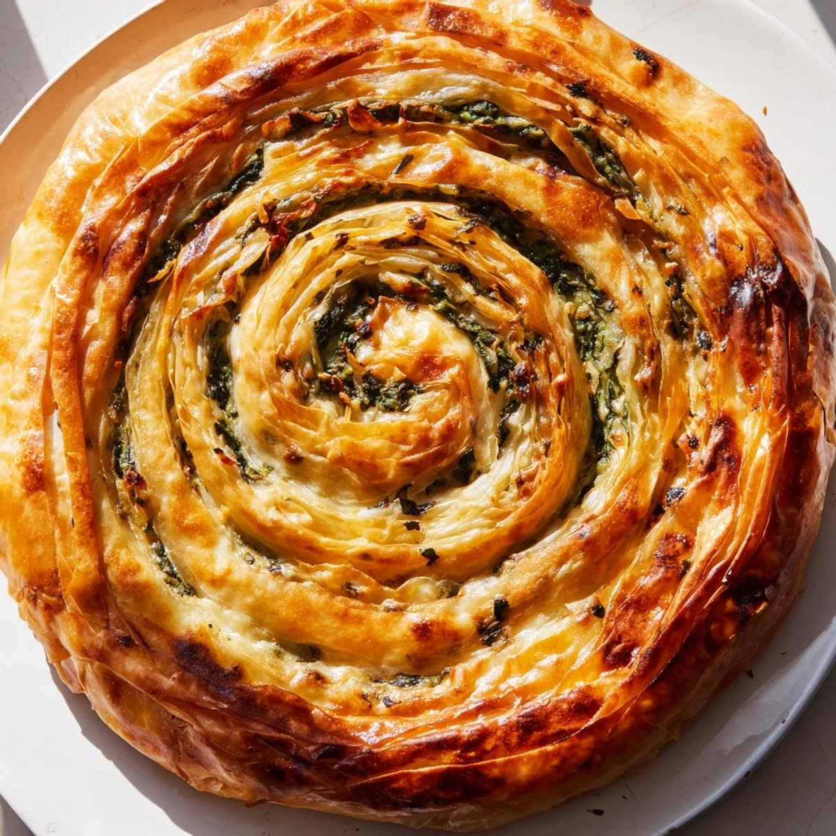 A close-up of a freshly baked Bosnian Burek, its golden crust hinting at a delicious filling.