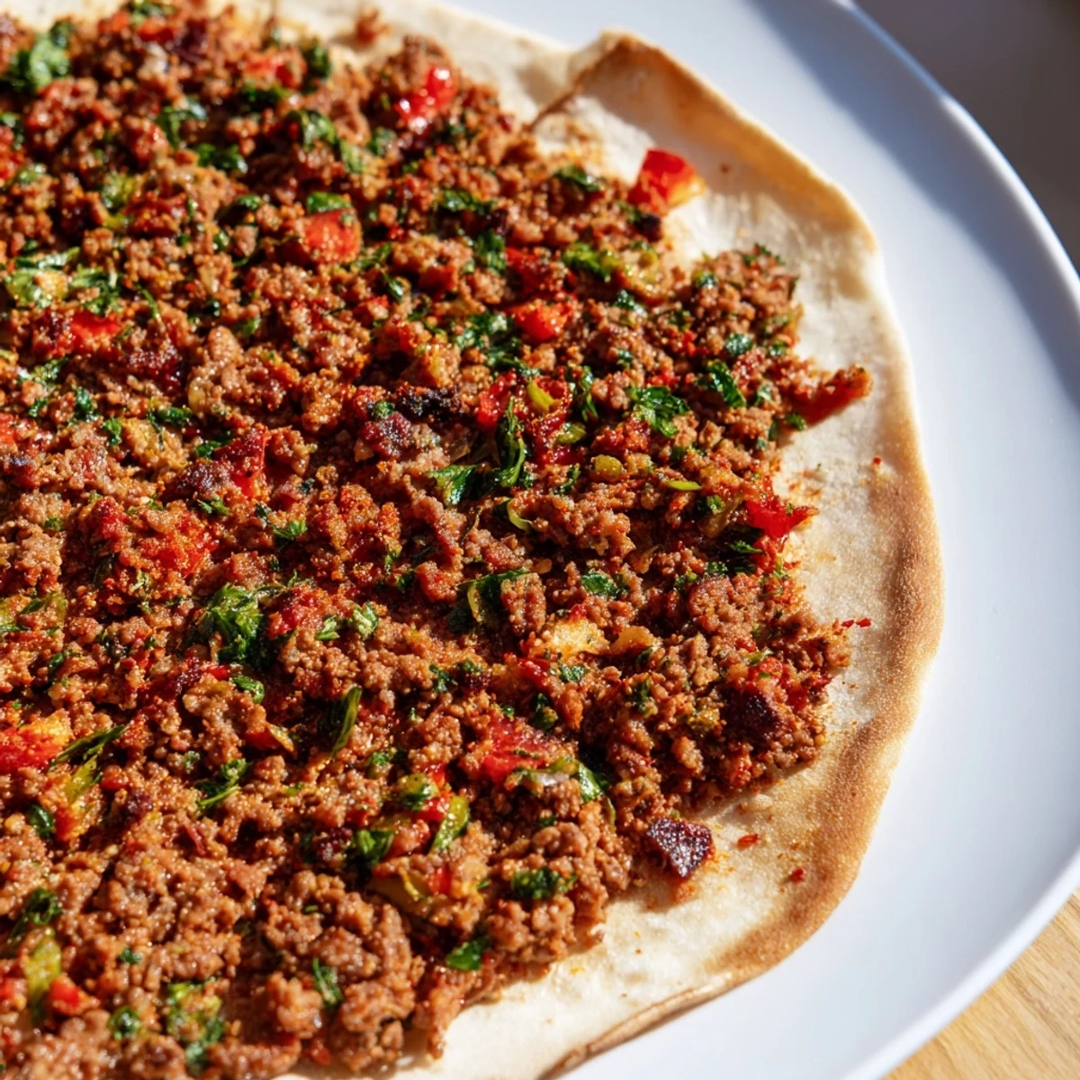 Crispy Turkish Lahmacun flatbread with a savory meat topping, perfect for a quick lunch.
