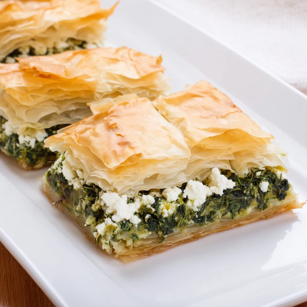 Golden, flaky Greek spankopita shows spinach and feta filling, ready for a delicious bite.