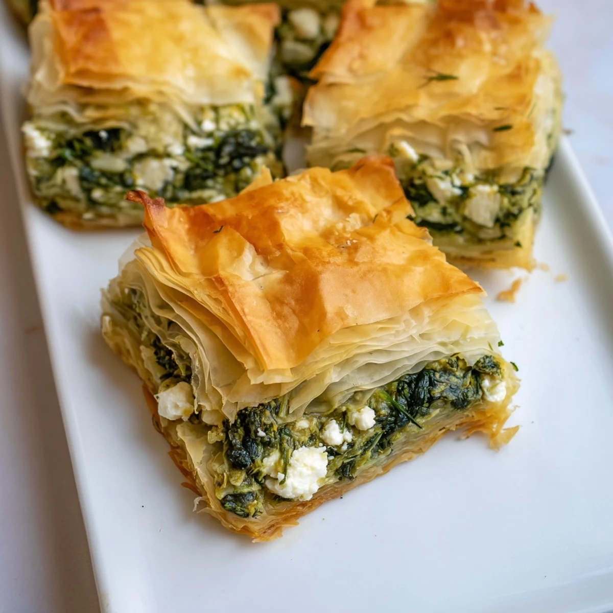 A close-up of a rustic Greek spanakopita, revealing a savory, spinach-filled delight.
