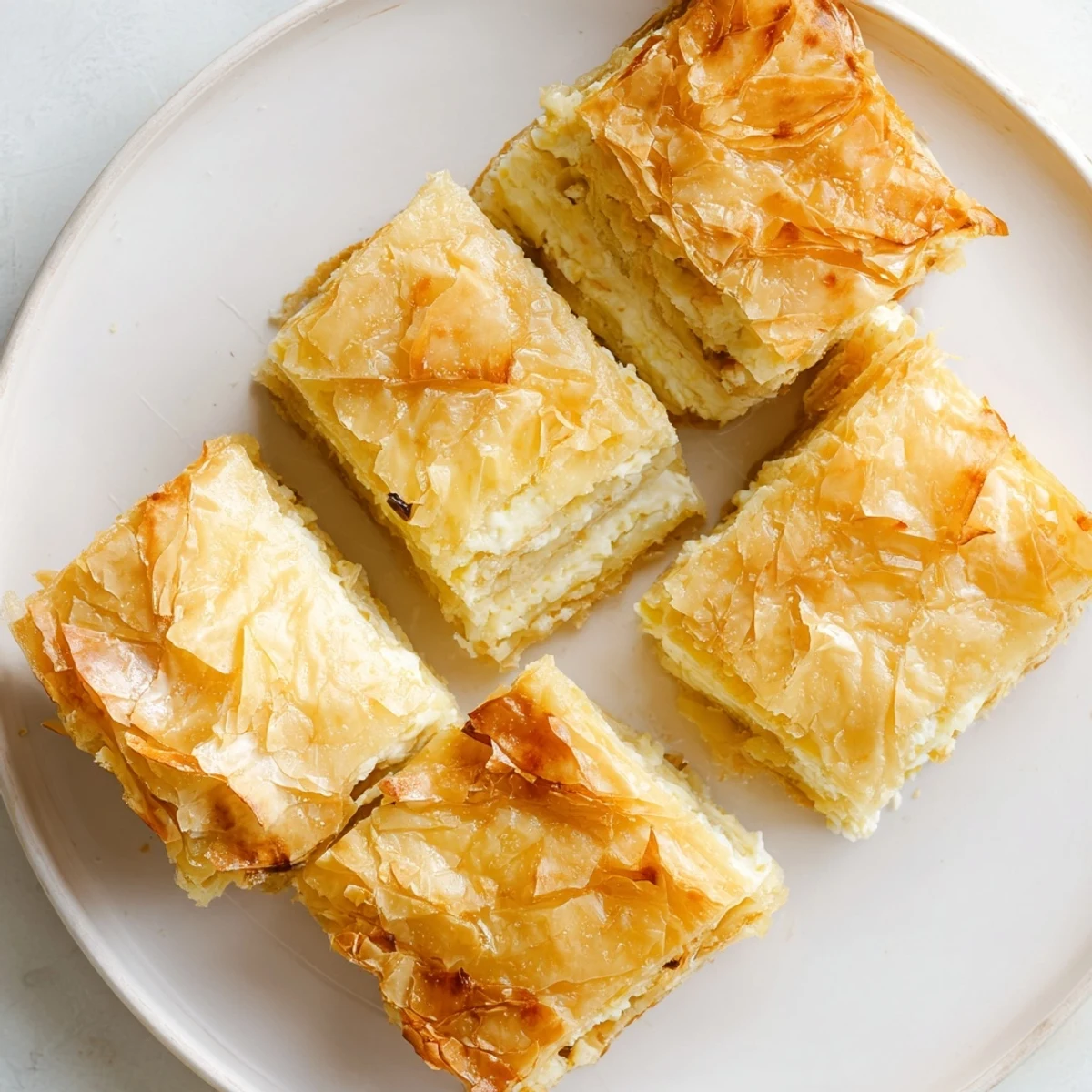 Golden-brown Serbian Gibanica, a layered cheese pie, with flaky phyllo and creamy cheese filling.