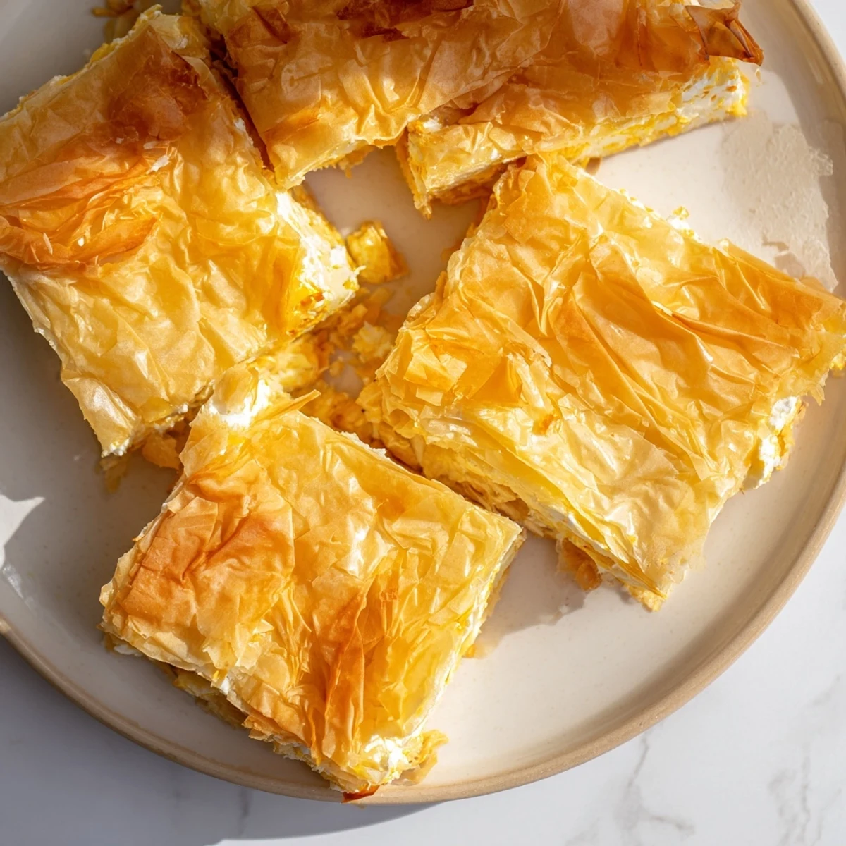 A close-up of savory Serbian Gibanica, baked until crisp and golden, ready to serve warm.