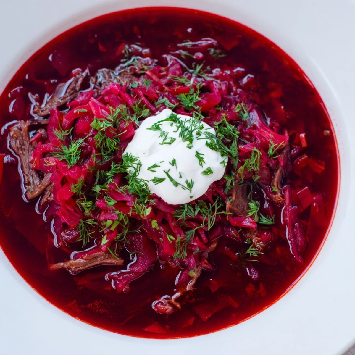 A steaming bowl of Ukrainian Borscht Soup, vibrant with beets, garnished with creamy sour cream.