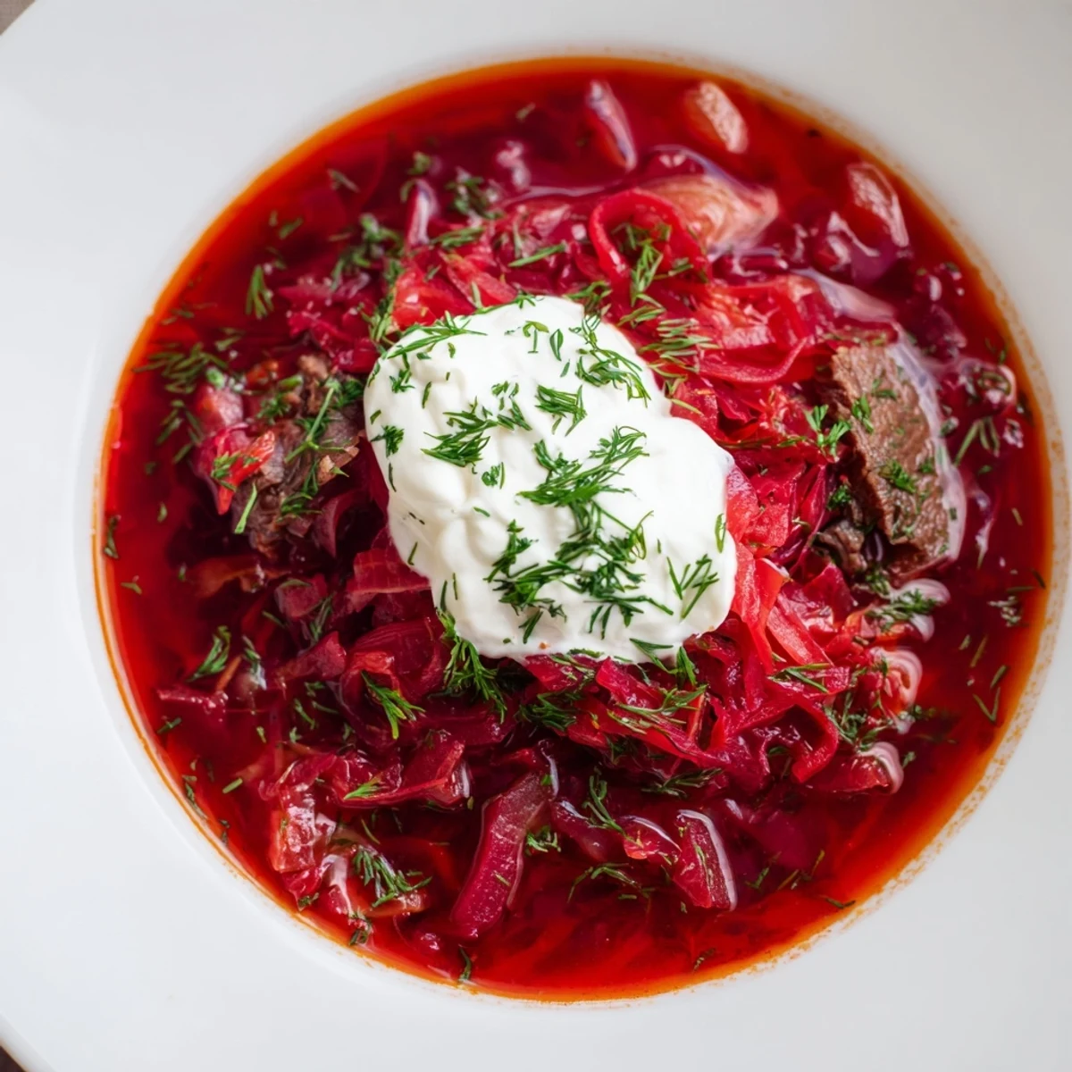 Rich red Ukrainian Borscht, a comforting soup brimming with tender beef, perfect for a cold evening.