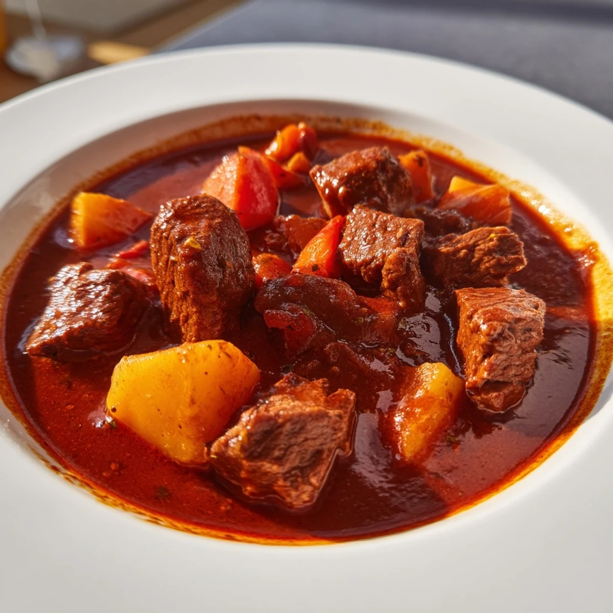 Steaming bowl of Hungarian Goulash stew, a hearty meal with tender beef and vegetables glistening.