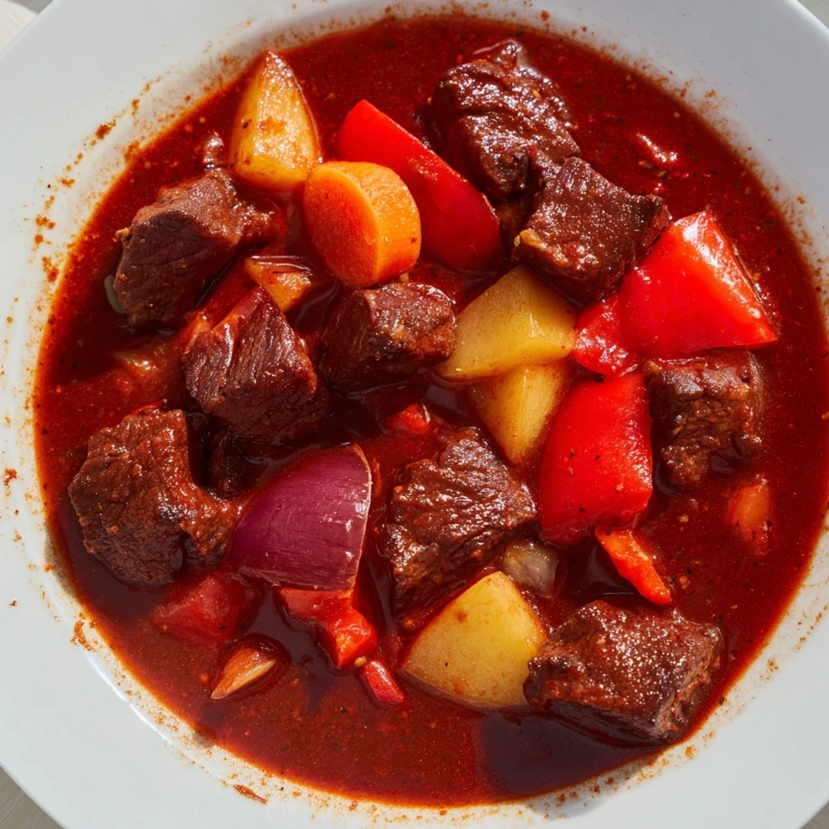 Spoonful of Hungarian Goulash stew, a comforting classic, ready to be served hot with crusty bread.