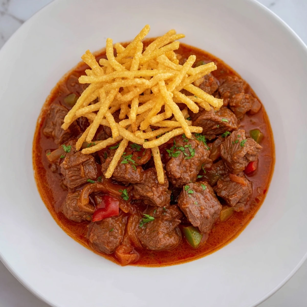Tender beef chunks in rich sauce, topped with crispy potato strips, making a classic Czech Goulash.