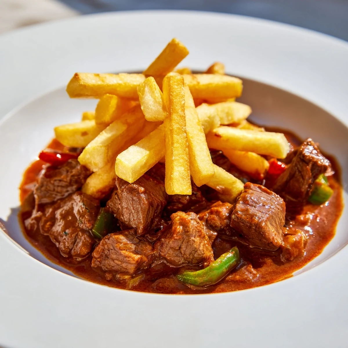 A steaming bowl of Czech Goulash, with a deep red sauce and golden potato strips, is ready to be eaten.