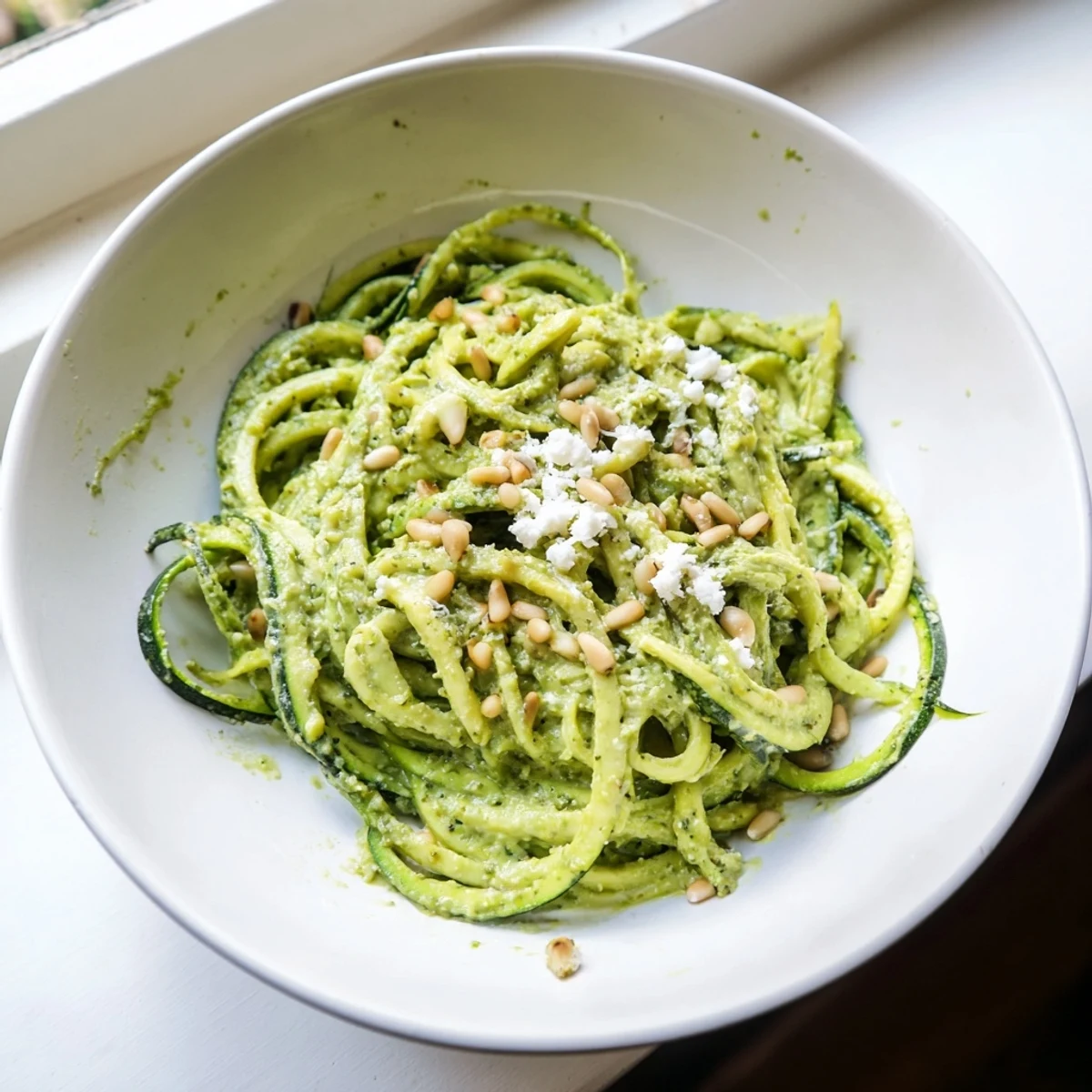 Tender zucchini noodles tossed in a vibrant, chunky tomato basil sauce, topped with Parmesan and pine nuts for a quick, healthy main dish.