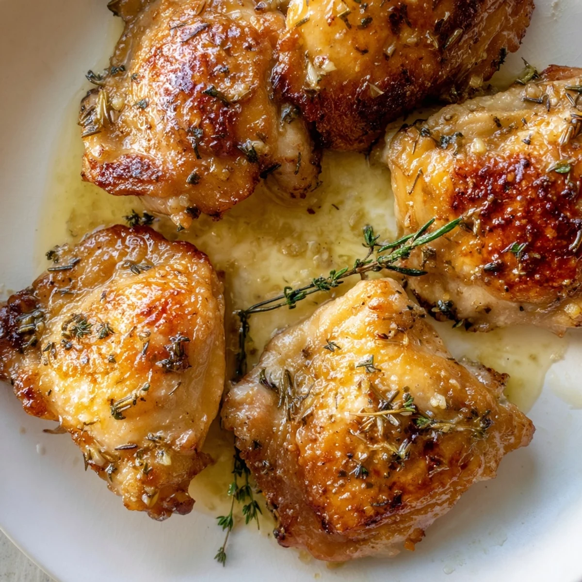Juicy Garlic Butter Chicken Thighs sit on a plate with roasted vegetables, ready for a family dinner.