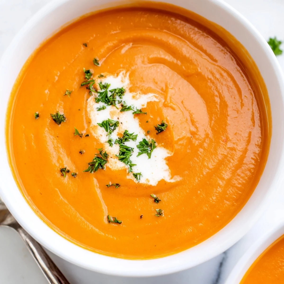 Garnished with parsley, this vibrant Carrot-Based Creamy Soup in a white bowl radiates warmth and velvety smoothness.  