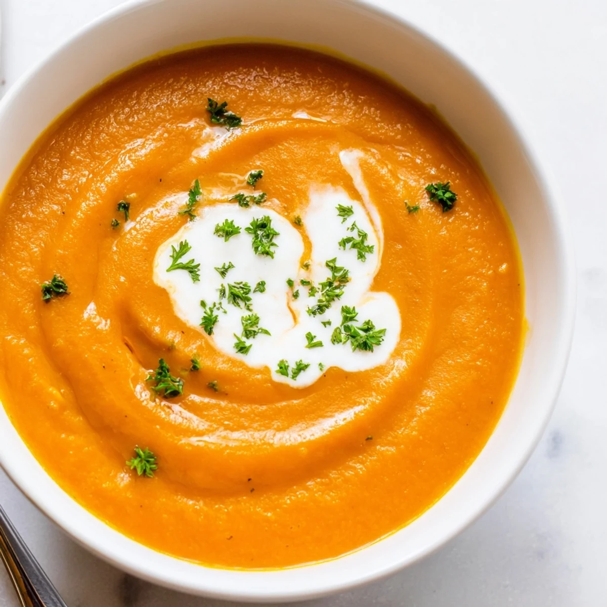 Golden roasted carrots and ginger blend into a hearty, orange-hued Carrot-Based Creamy Soup, steaming beside crusty artisan bread.  