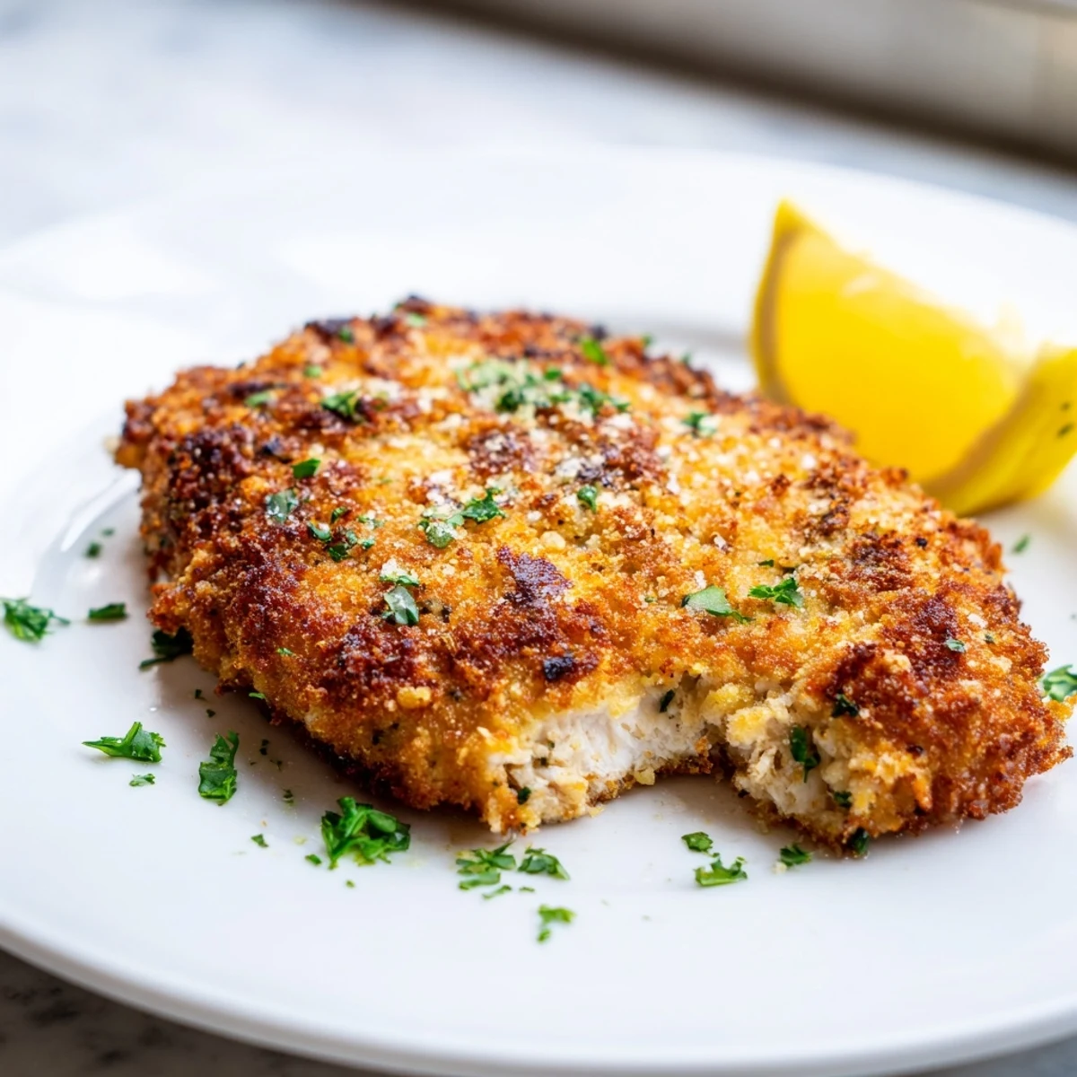 Freshly fried Parmesan chicken cutlet on a plate, garnished with chopped parsley and lemon, showcasing a crunchy, golden-brown exterior.