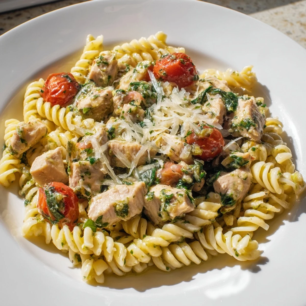 Bright, weeknight One-Pan Lemon Herb Pasta Chicken is served steaming in a bowl, topped with fresh parsley and grated Parmesan.