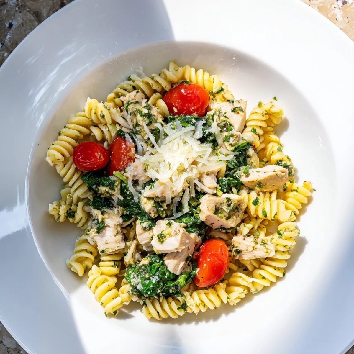 Golden-brown chicken pieces simmer in a one-pan lemon herb pasta with cherry tomatoes and wilted spinach in a skillet.