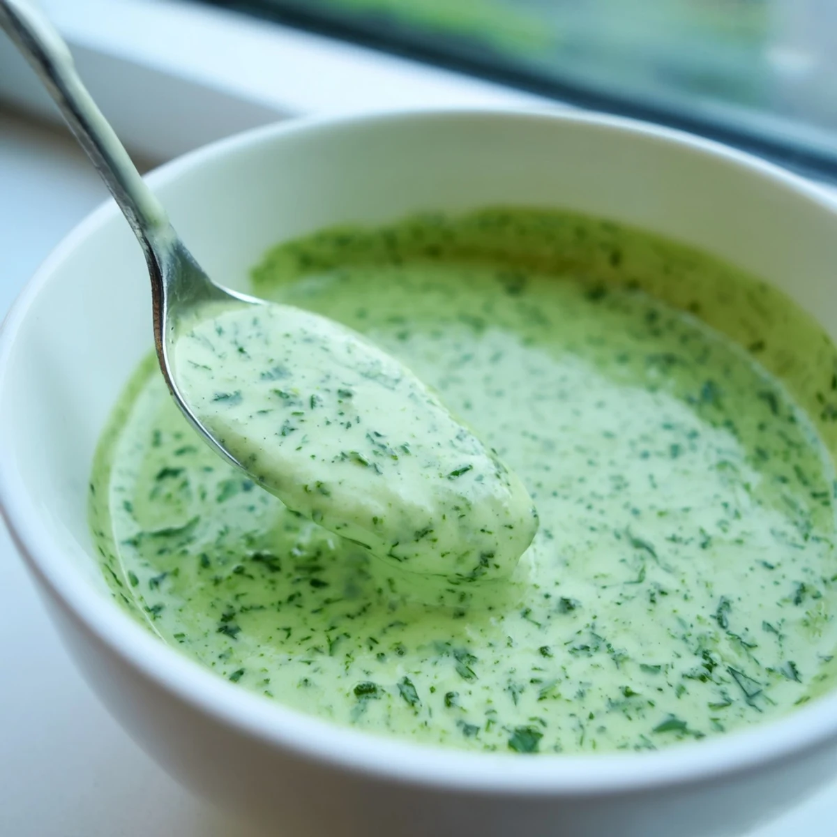 A bowl of bright green Green Goddess Dressing next to crisp salad greens and a lemon wedge.