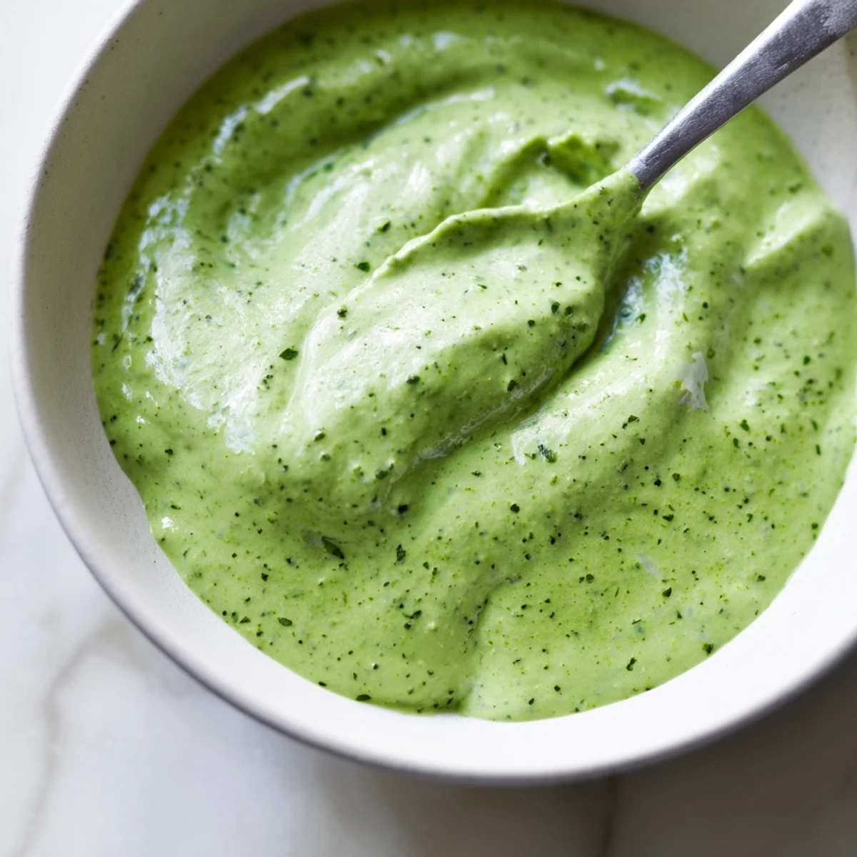 Freshly blended Green Goddess Dressing in a glass jar with chopped herbs, ready for dipping.
