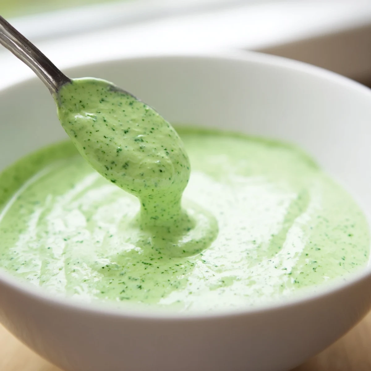 Vibrant herb-packed Green Goddess Dressing drizzled over a colorful grain bowl with grilled vegetables.